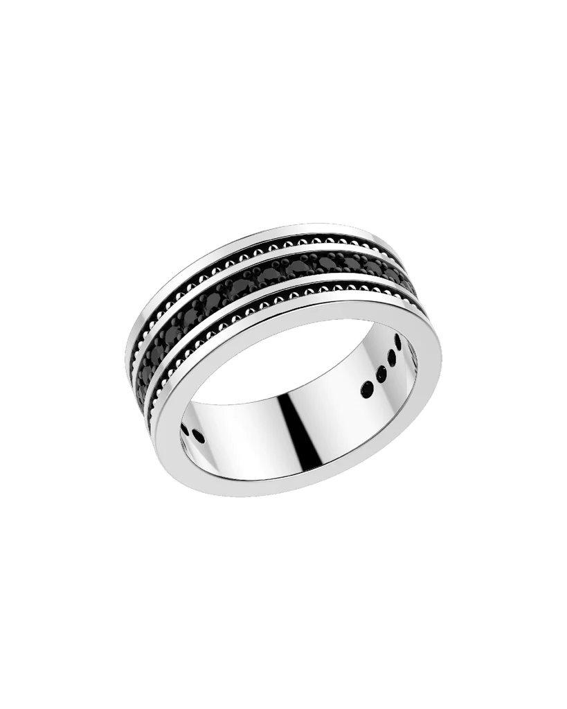 Anello a fede in argento con spinelli neri