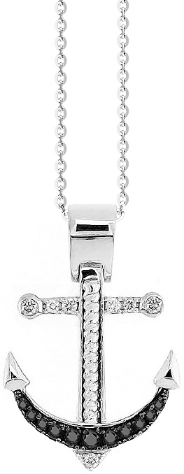 Collana in oro bianco, pendente ancora con diamanti bianchi e neri